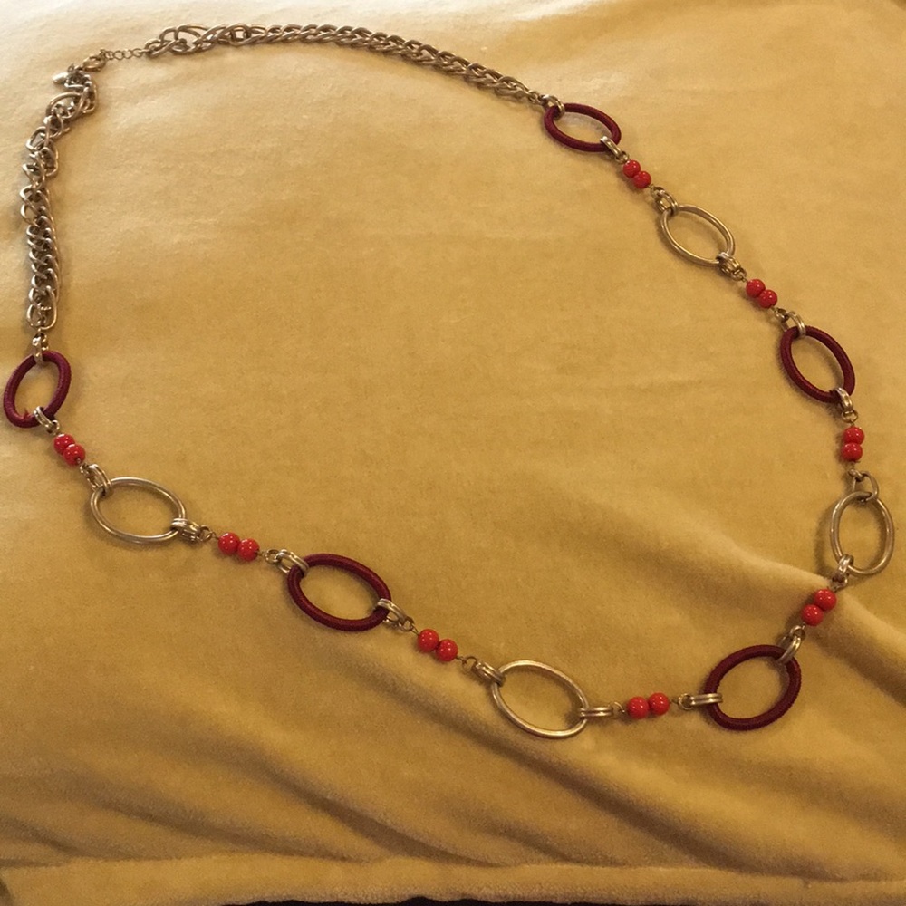 Gold Necklace with rust beads and hoops